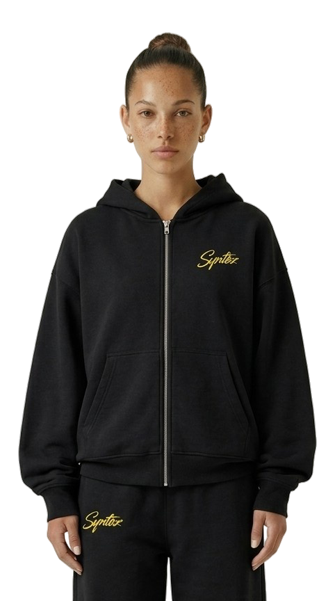 schwarzer basic Tracksuit mit gelbem Synthez Schriftzug für Frauen
