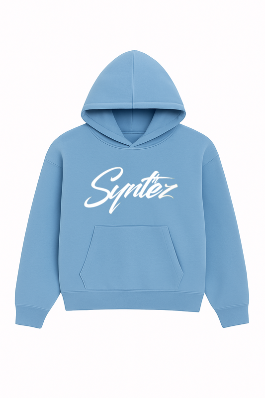 Blauer Hoodie mit grauem Synthez Logo Frontprint - Streetwear Kapuzenpullover für Damen und Herren