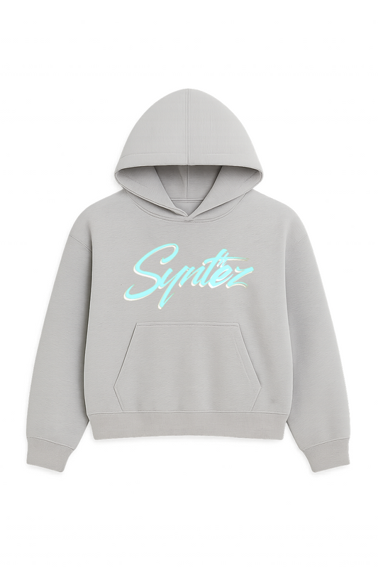 Grauer Hoodie mit Synthez Logo in Tiffany Blue - Streetwear Kapuzenpullover mit Frontprint für Damen und Herren