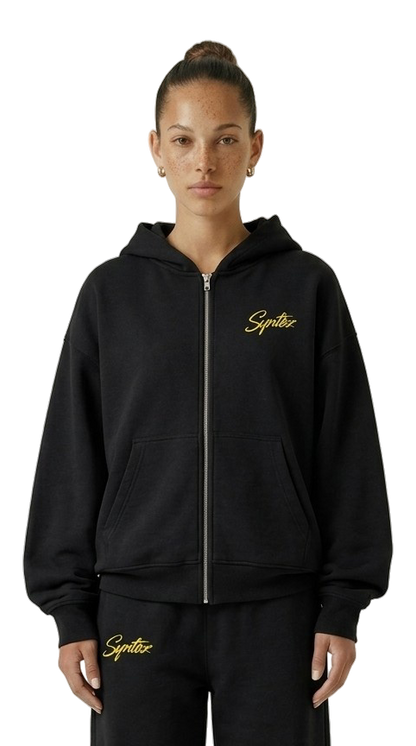 schwarzer basic Tracksuit mit gelbem Synthez Schriftzug für Frauen