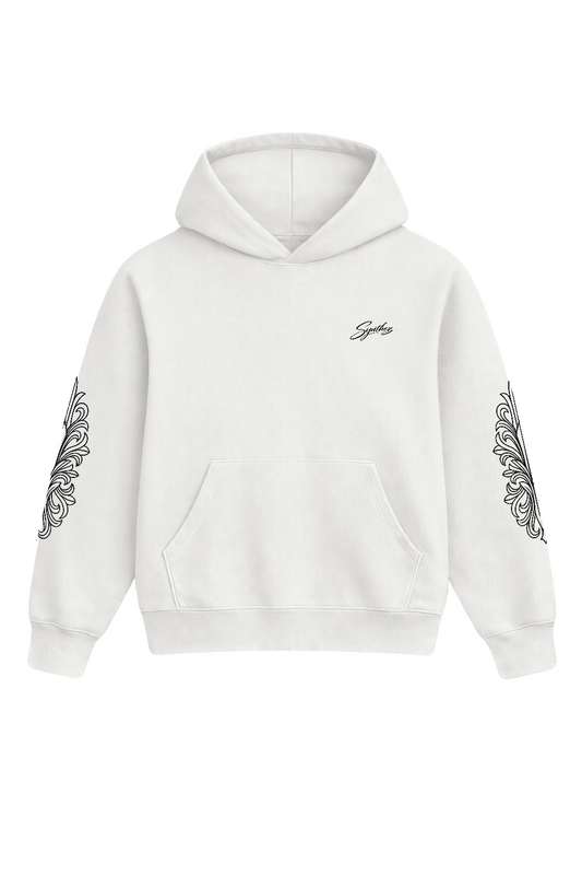 Cremefarbener Streetwear Hoodie mit schwarzen Details auf den Ärmeln