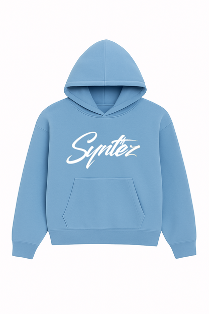 Blauer Hoodie mit grauem Synthez Logo Frontprint - Streetwear Kapuzenpullover für Damen und Herren