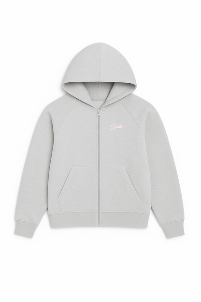 Zip Hoodie basic grau mit pinkem Synthez Schriftzug