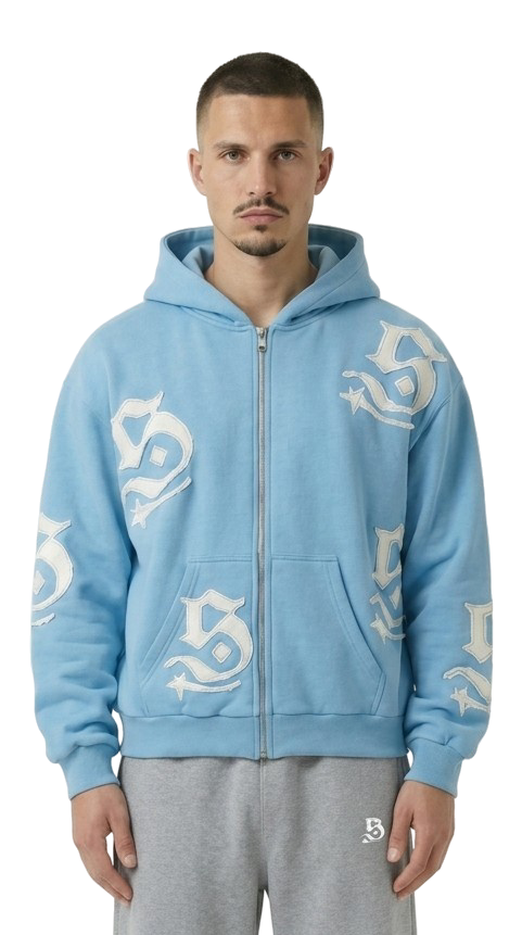 Zip Hoodie blau mit weißen Synthez Patches relaxed fit für Herren
