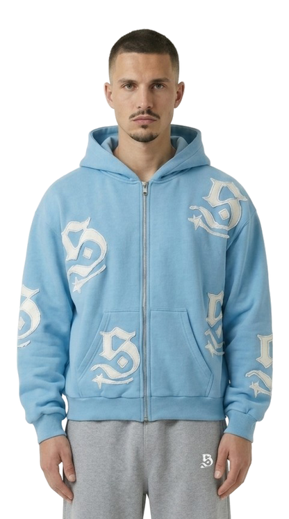 Zip Hoodie blau mit weißen Synthez Patches relaxed fit für Herren