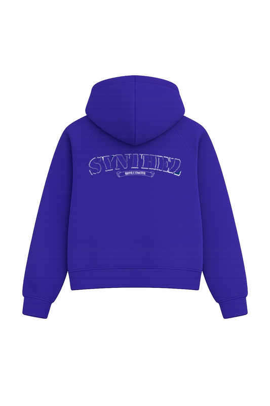 Zip Hoodie blau mit weißem Synthez Schriftzug als Backprint