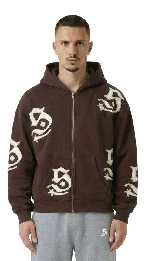 Zip Hoodie braun mit weißen Synthez Patches relaxed fit für Herren