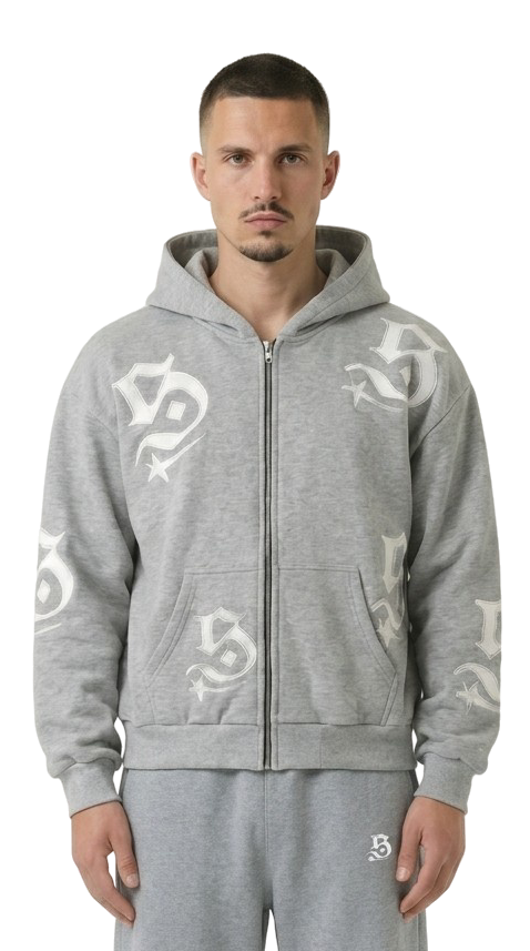Grauer Zip Hoodie mit weißen Synthez Patches für Herren